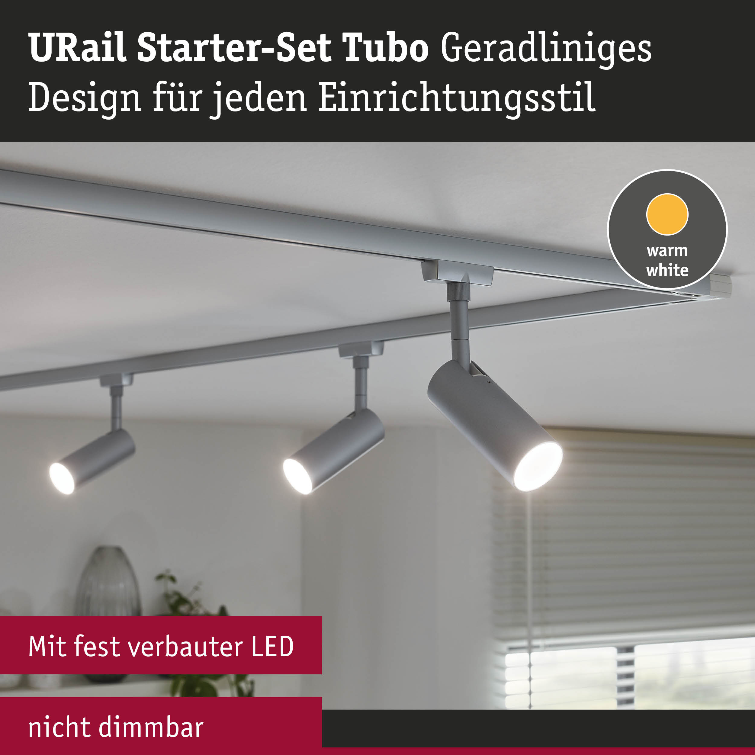 URail Starter-Set Tubo LED-Schienensystem in Grau mit warmweißem Licht, nicht dimmbar