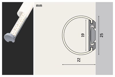 LED-Lichtstab mit weißem Kunststoffgehäuse und technischem Querschnitt mit Maßen in Millimetern