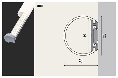 LED light bar with white plastic housing and technical cross-section showing dimensions in millimeters