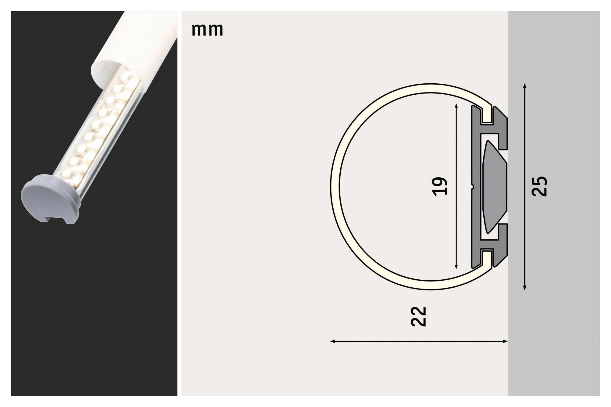 Barre lumineuse LED avec boîtier en plastique blanc et coupe technique avec dimensions en millimètres