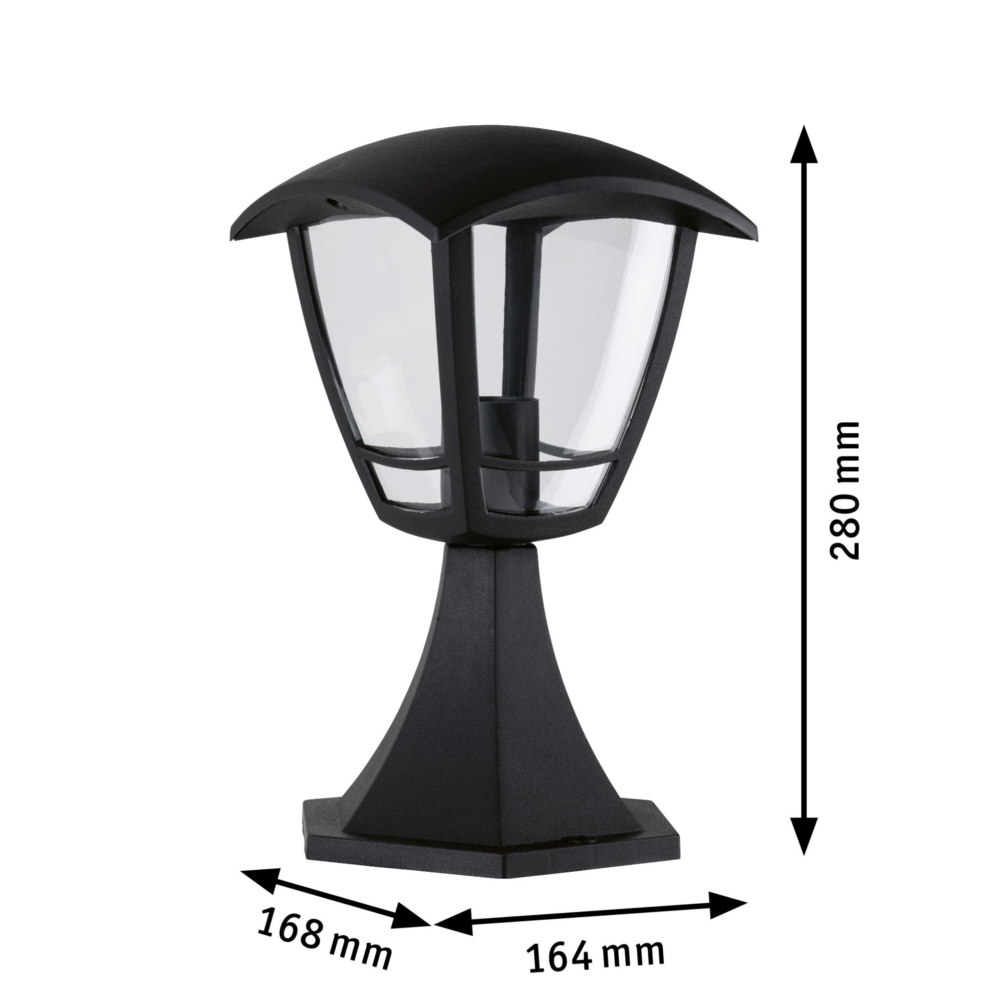 Black outdoor lamp made of plastic with clear glass, measuring 280x168x164 mm for garden lighting