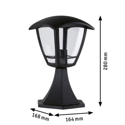 Black outdoor lamp made of plastic with clear glass, measuring 280x168x164 mm for garden lighting