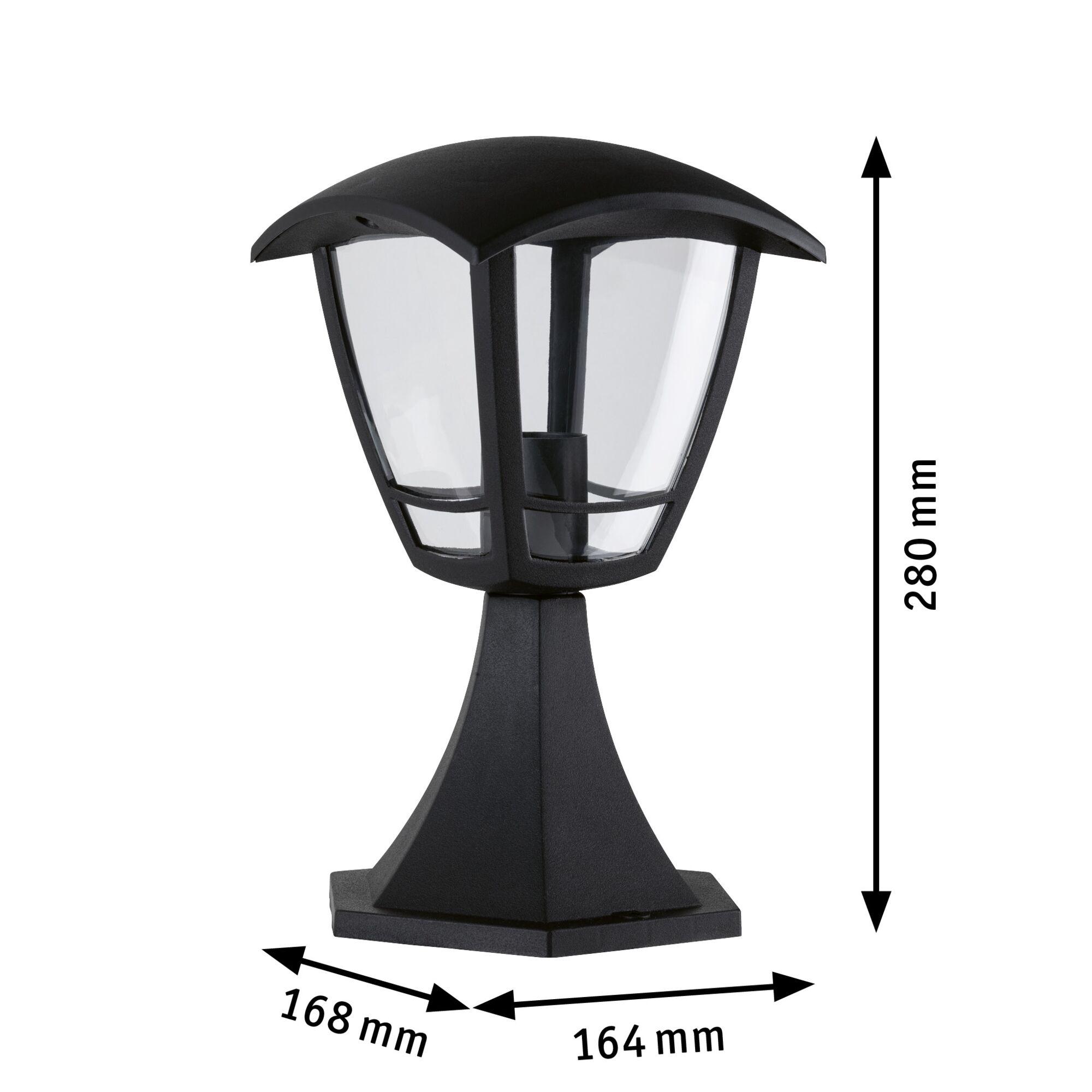 Schwarze Außenleuchte aus Kunststoff mit transparentem Glas und Maßen 280x168x164 mm für Gartenbeleuchtung