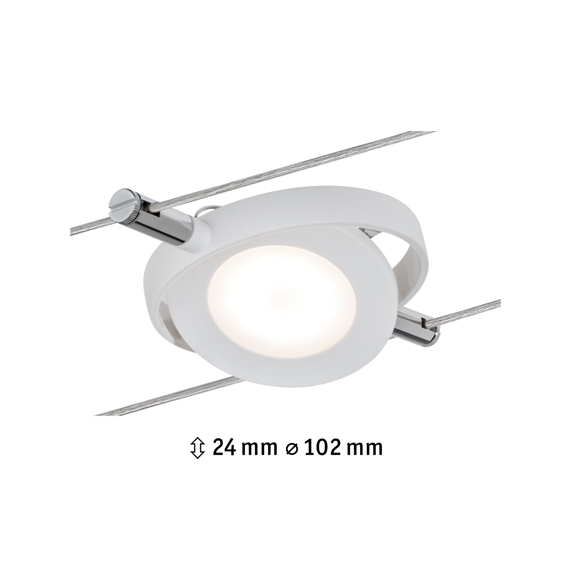 White metal LED cable spotlight with 24 mm height and 102 mm diameter for modern lighting setups