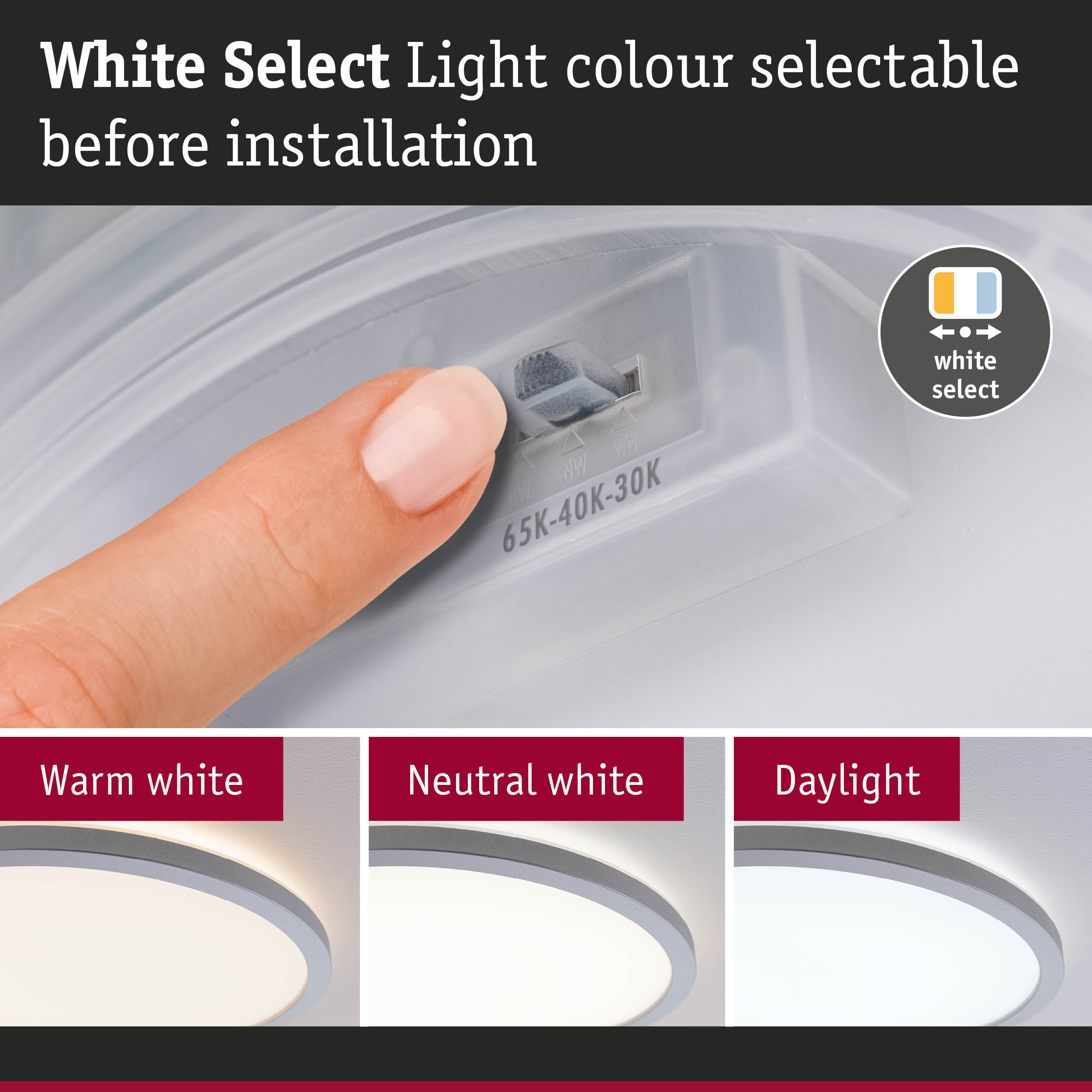 White light colour selector before installation showing warm white, neutral white, and daylight options