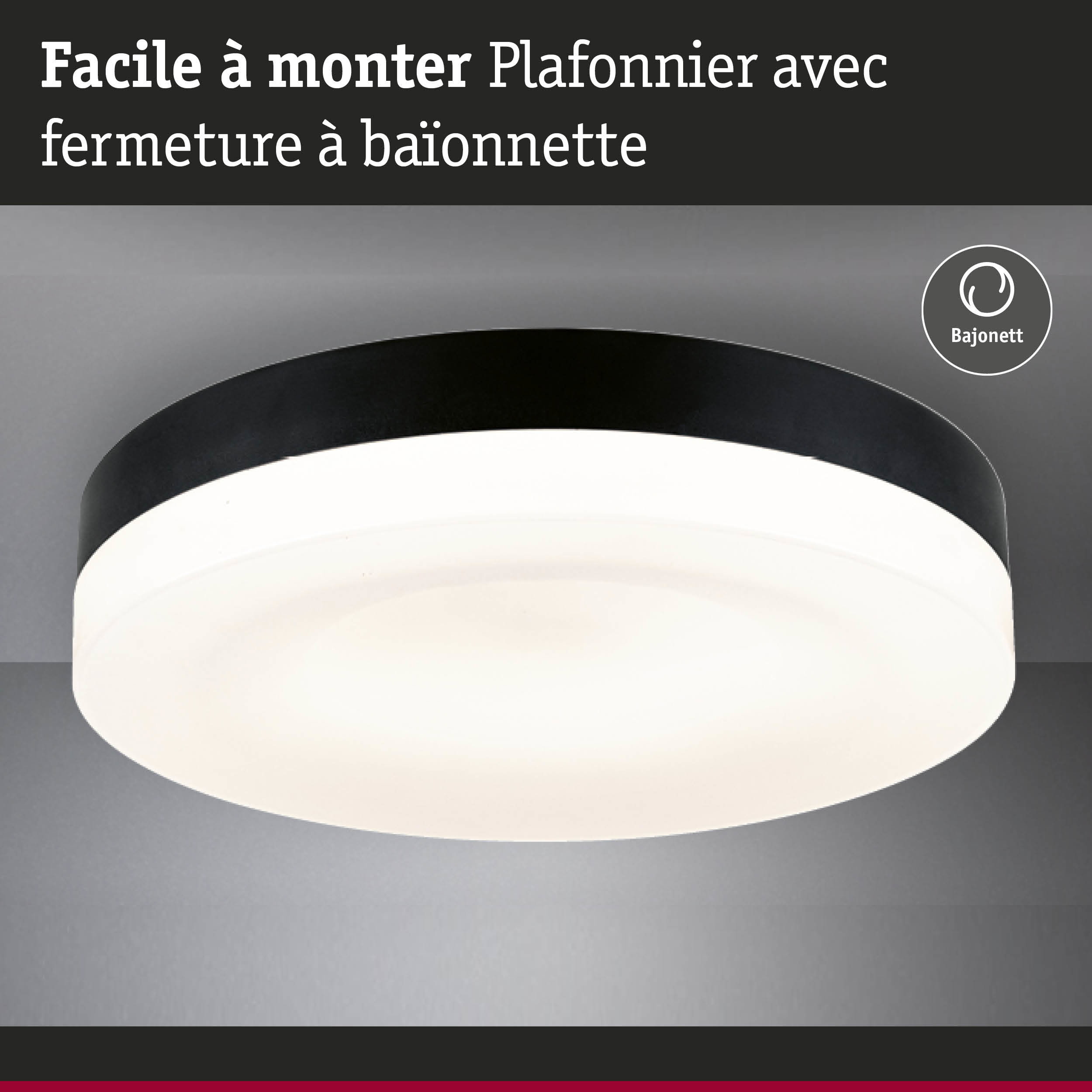 Plafonnier noir avec diffuseur blanc et fixation à baïonnette pour une installation facile