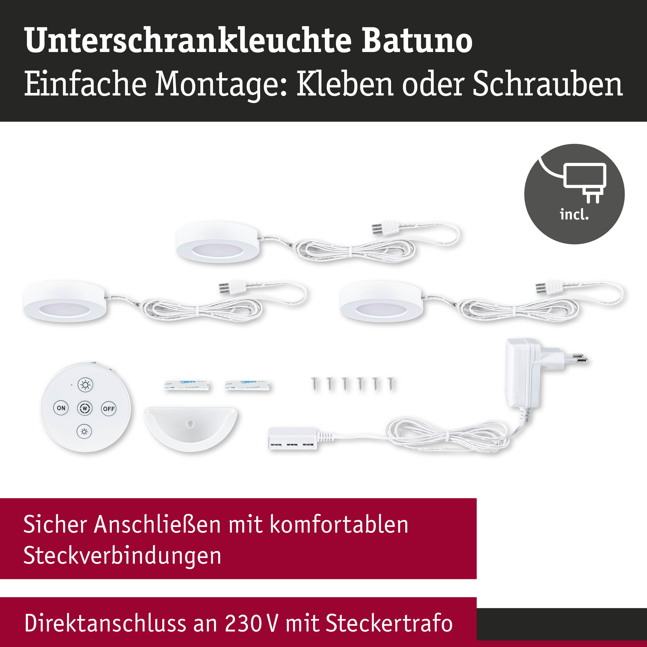 Weißes LED-Unterschranklicht Batuno mit Fernbedienung, Schrauben und Steckverbindungen für einfache Montage
