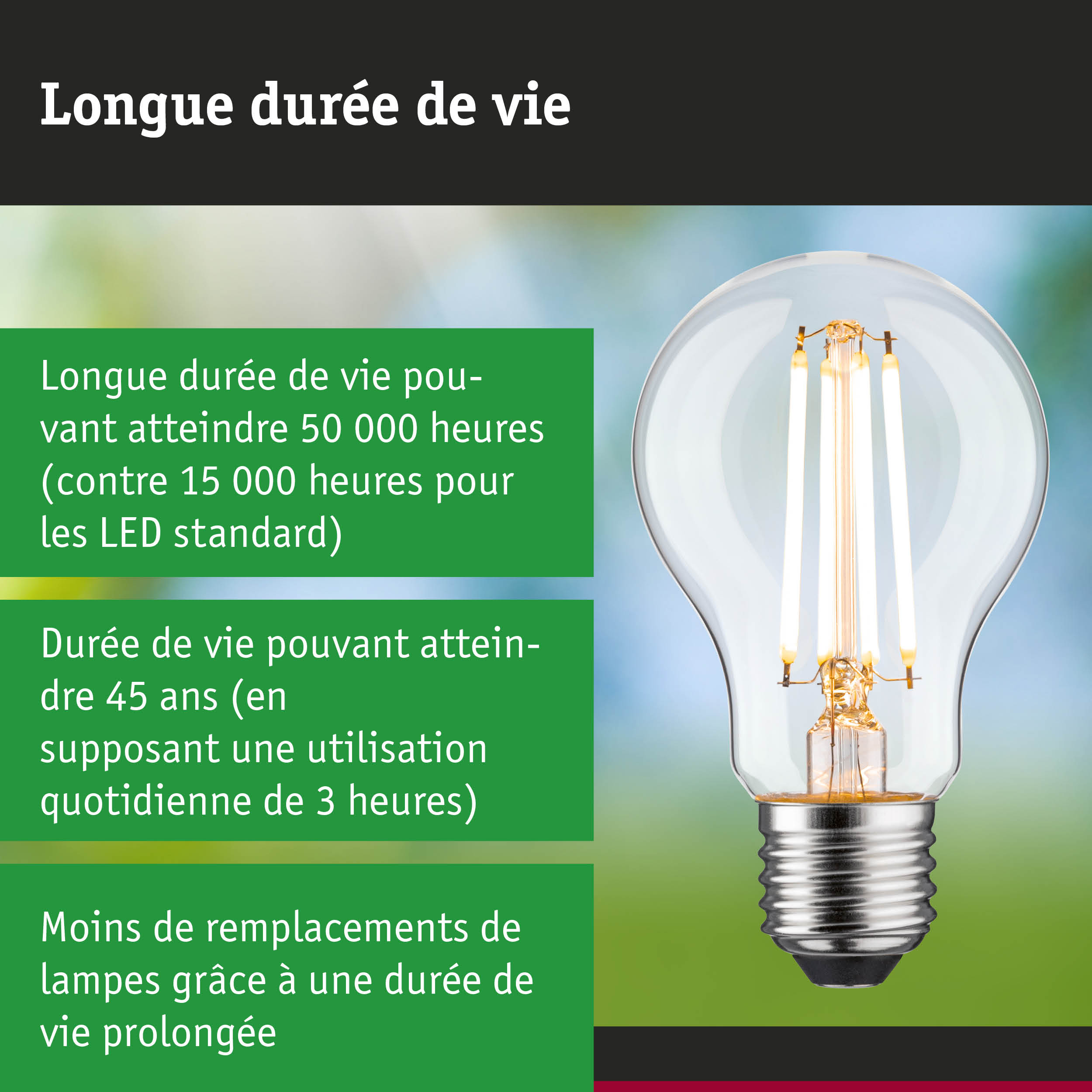 Ampoule LED avec durée de vie de 50 000 heures, lampe économique et durable