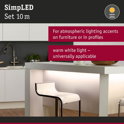 SimLED 10m warm white LED strip for atmospheric lighting accents on furniture and profiles