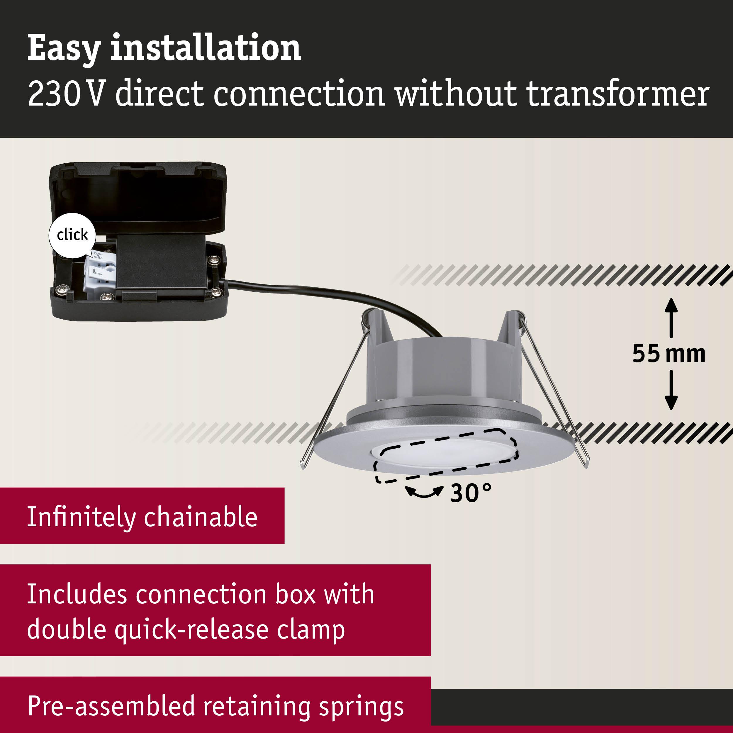 Grey LED recessed spotlight with 230V direct connection, 55 mm depth, and adjustable 30° tilt angle