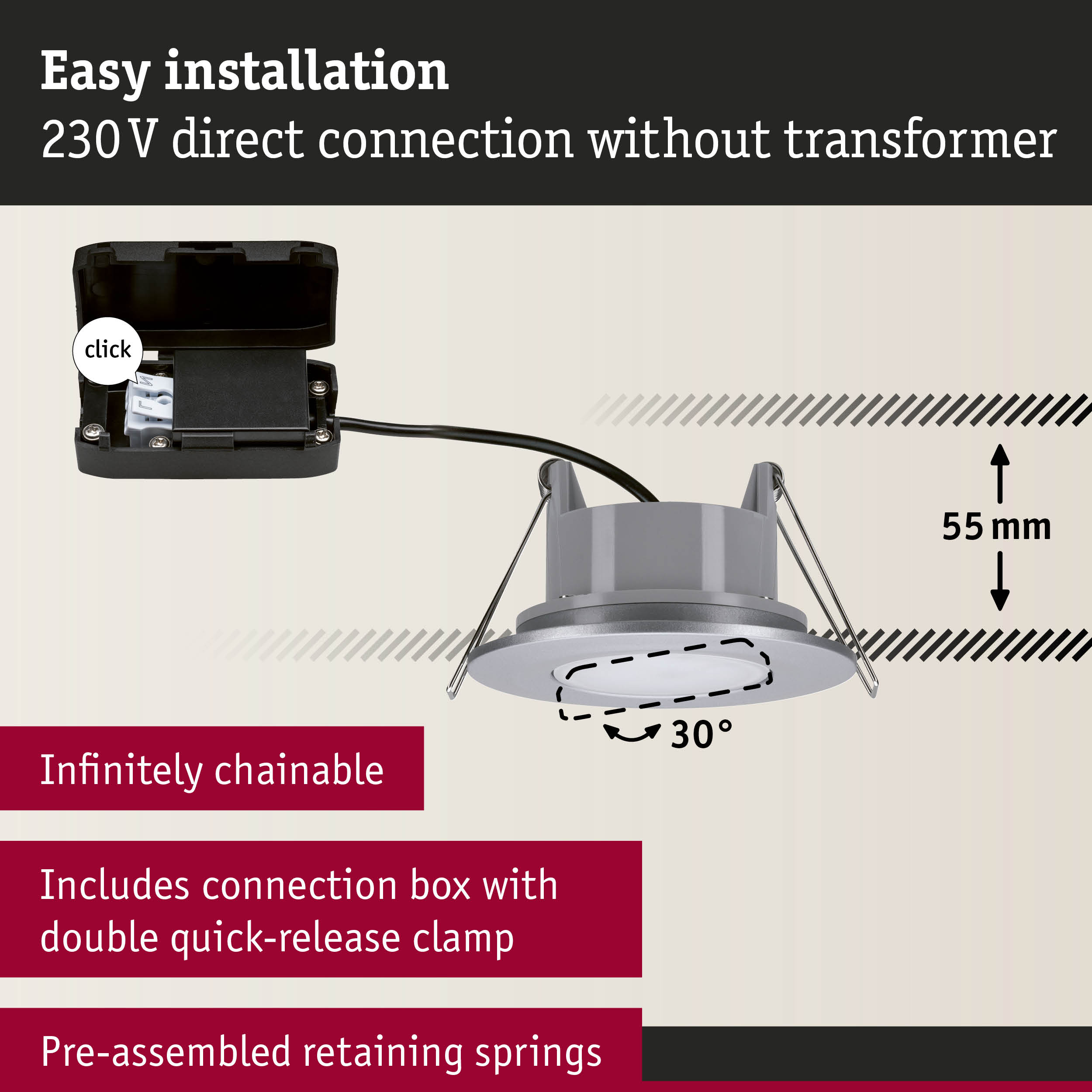 Grey recessed spotlight with 55 mm depth and 30° tilt, includes connection box and quick-release clamp