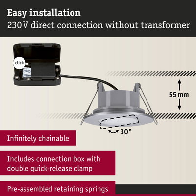 Grey recessed spotlight with 55 mm depth and 30° tilt, includes connection box and quick-release clamp