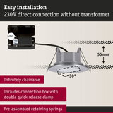 Grey LED recessed spotlight with 230V direct connection, 55 mm depth, and adjustable 30° tilt angle