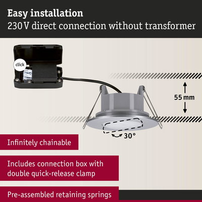 Grey LED recessed spotlight with 230V direct connection, 55 mm depth, and adjustable 30° tilt angle