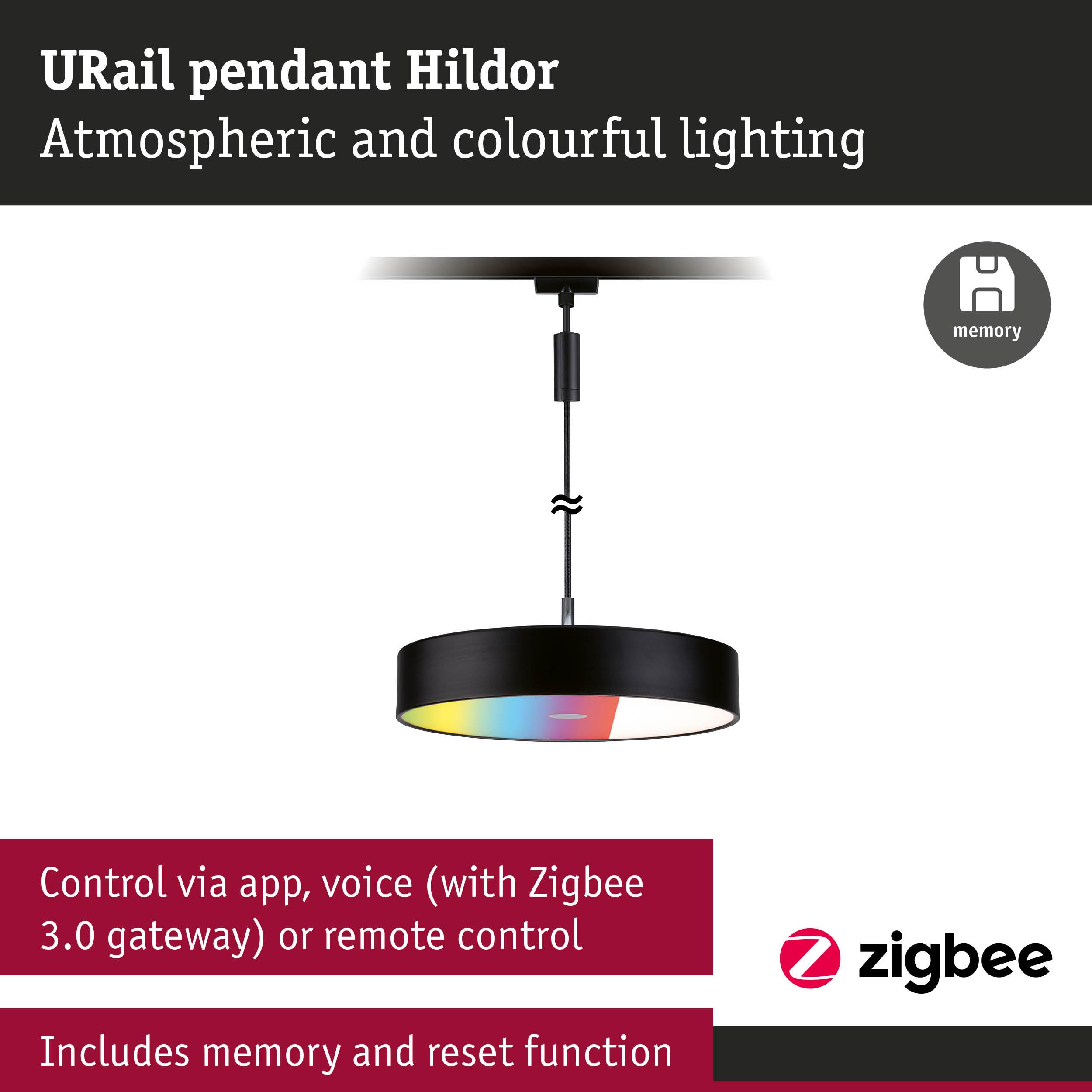 URail Hildor black pendant light with colorful lighting, controllable via app and voice command