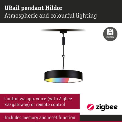 URail Hildor black pendant light with colorful lighting, controllable via app and voice command