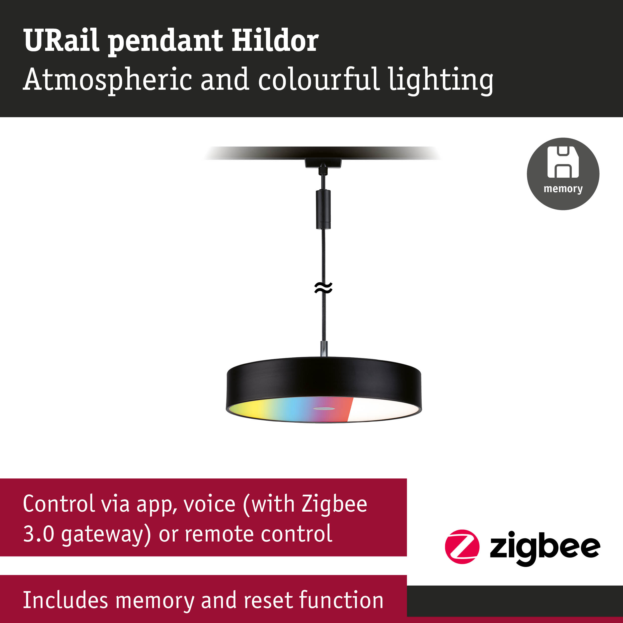 URail pendant lamp Hildor black with colorful lighting and Zigbee control feature