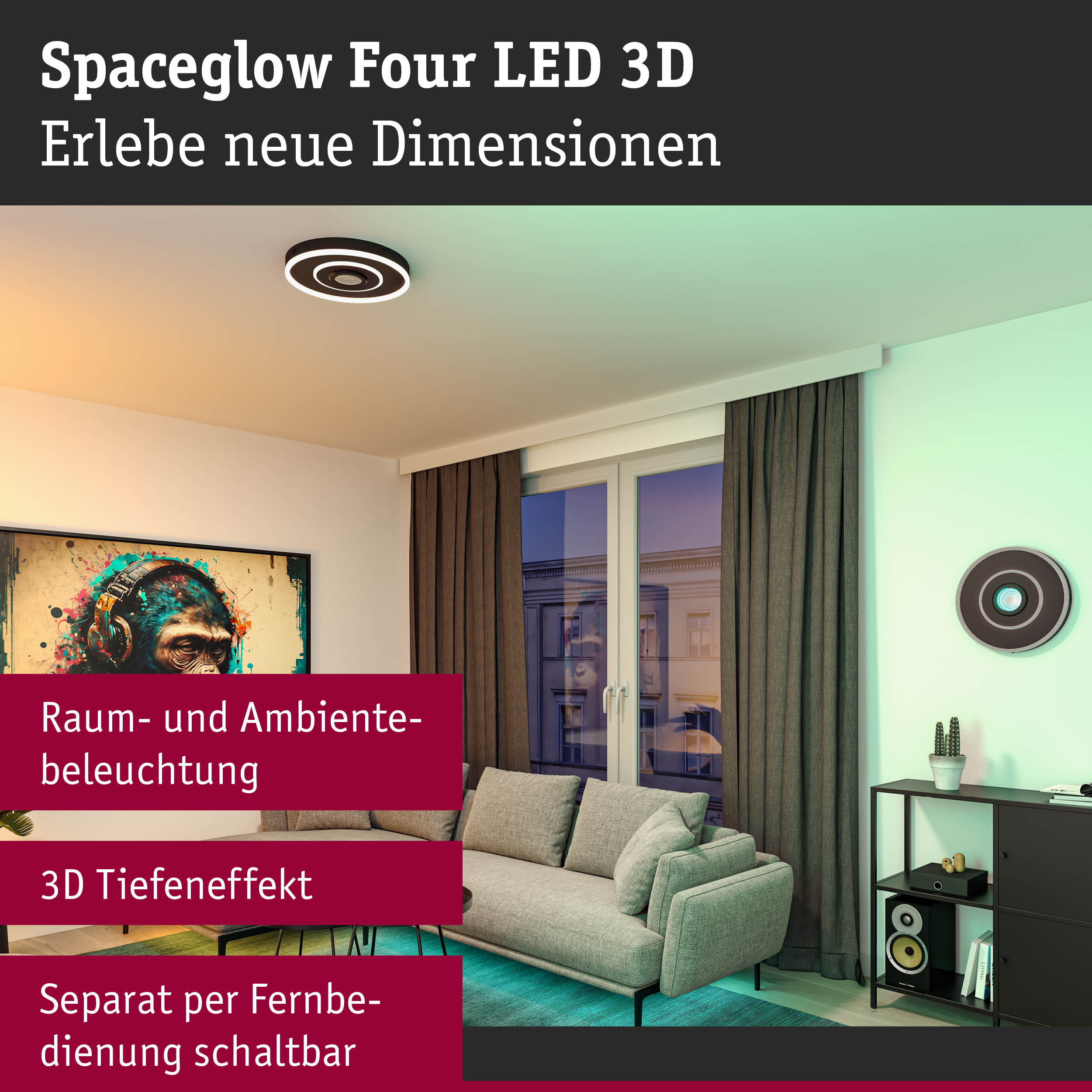 Spaceglow Four LED 3D Deckenleuchte in Schwarz mit weißem Licht für Raum- und Ambientebeleuchtung