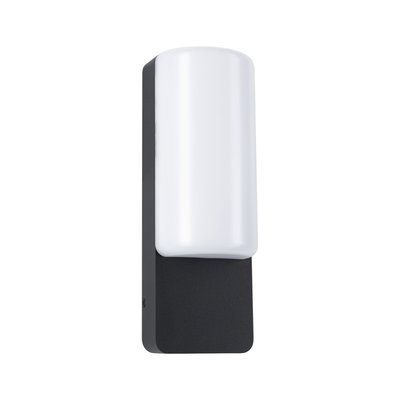 Modern outdoor wall light with black metal body and white plastic shade for garden lighting