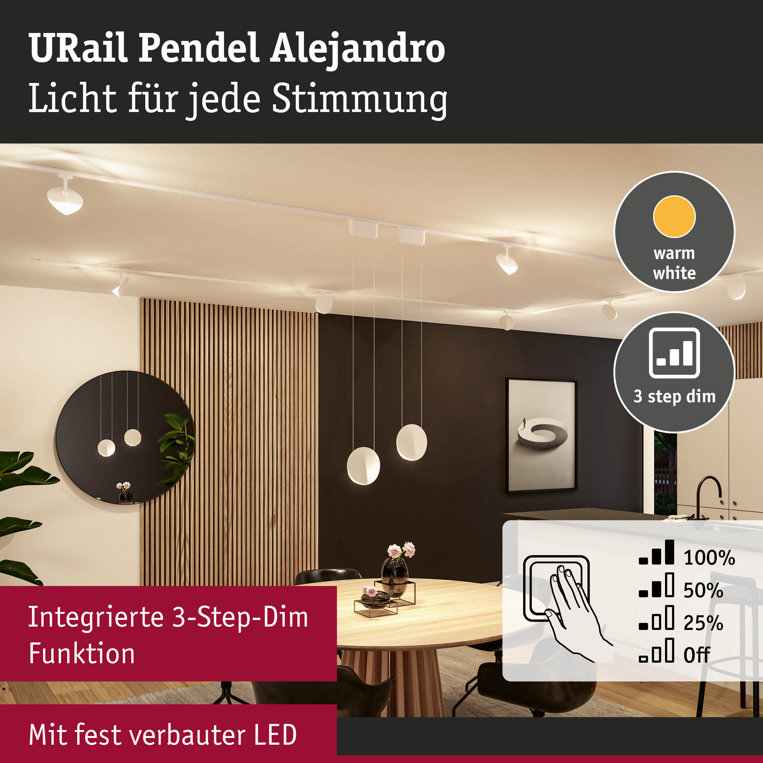 URail Pendel Alejandro weiße LED-Hängeleuchte mit 3-Stufen-Dimmfunktion und warmweißem Licht