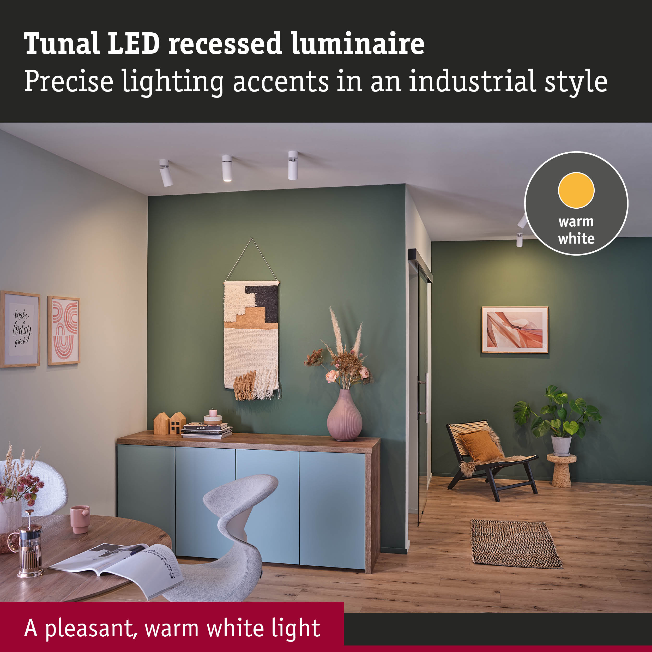 Tunal white LED recessed spotlight with warm white light for precise industrial style lighting accents