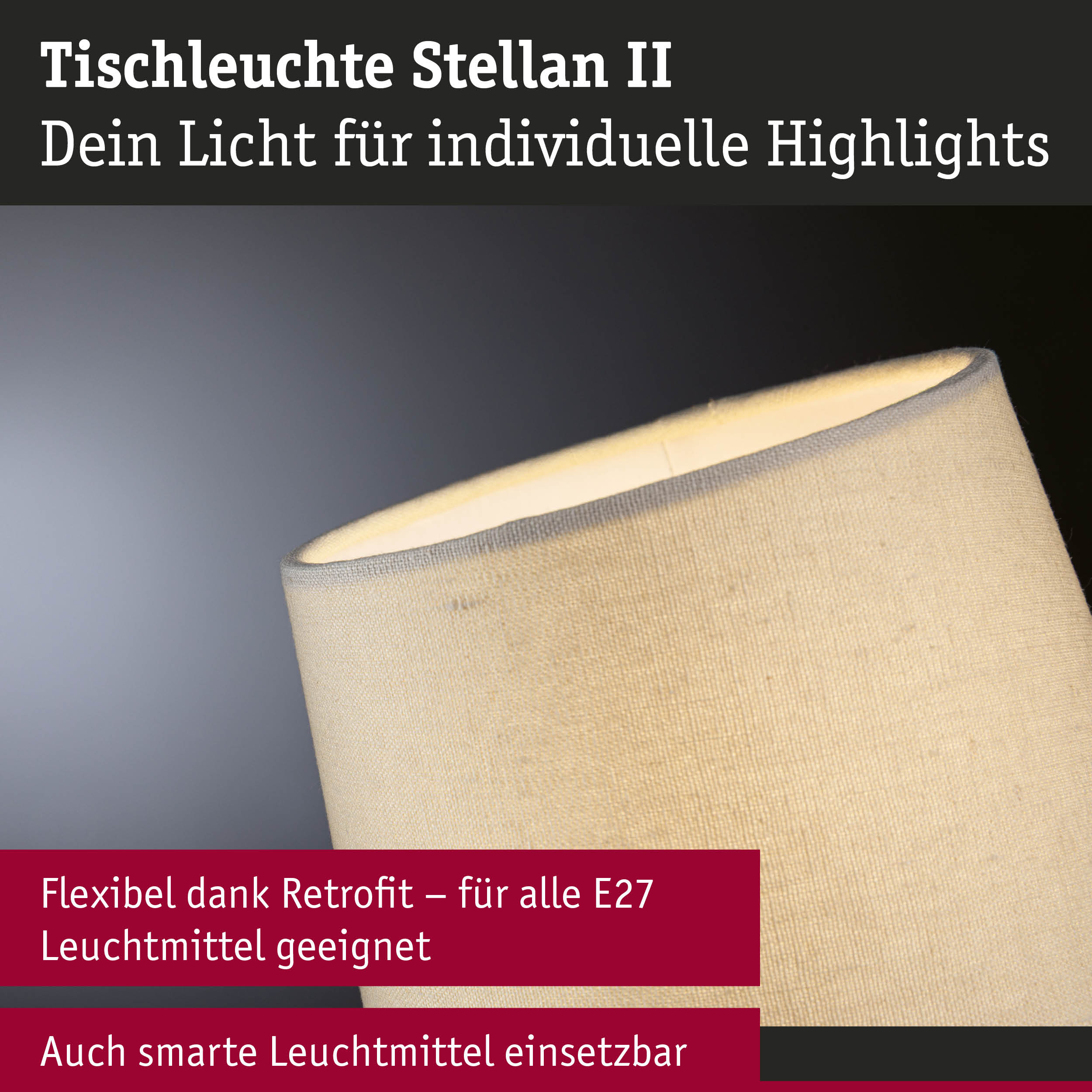 Tischleuchte Stellan II mit beigem Stoffschirm, flexibel für E27 Leuchtmittel und smarte Lampen