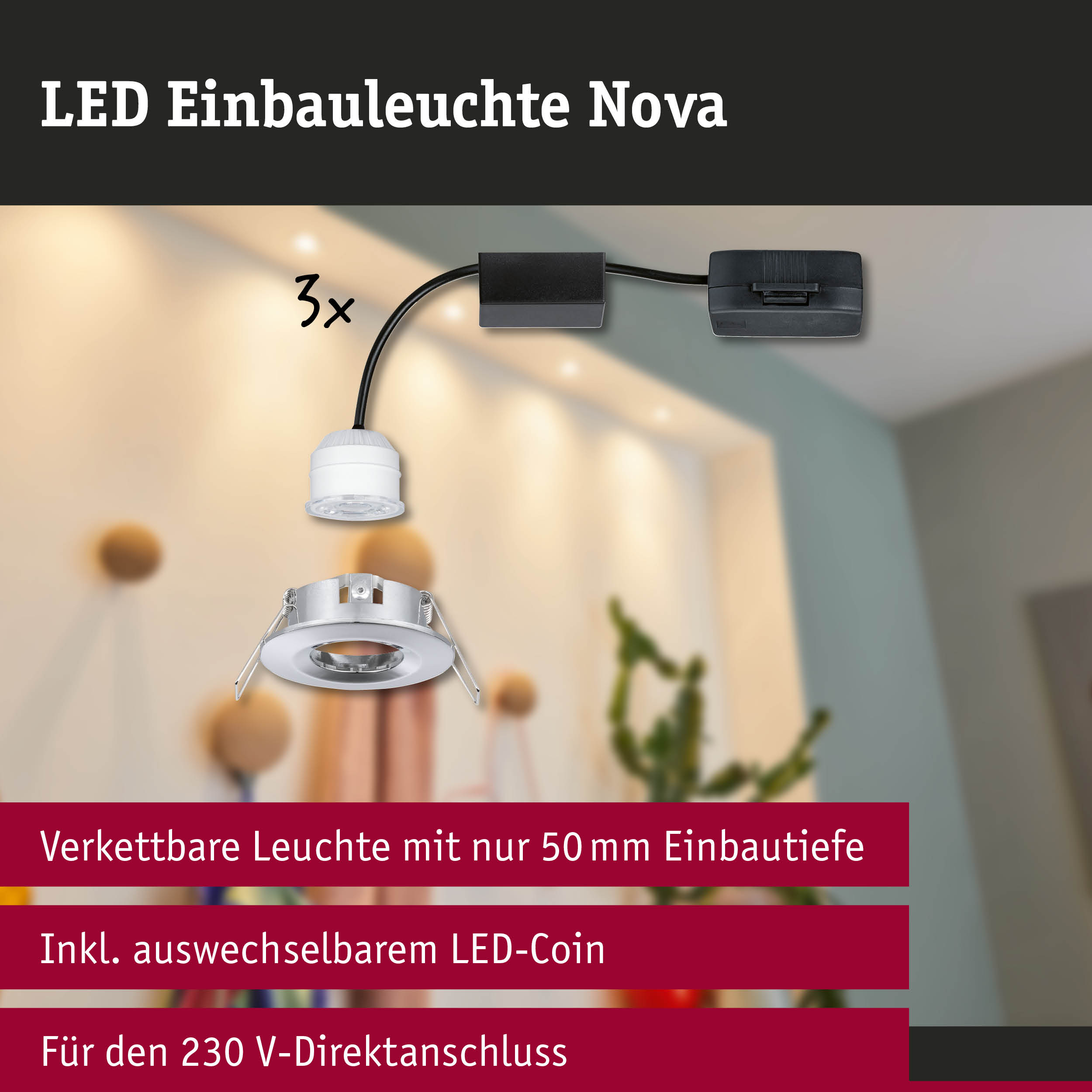 LED Einbauleuchte Nova in Weiß mit 50 mm Einbautiefe und austauschbarem LED-Coin für 230 V Anschluss