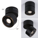 Black metal LED ceiling light with 350° rotatable and 90° tiltable spotlight for adjustable lighting