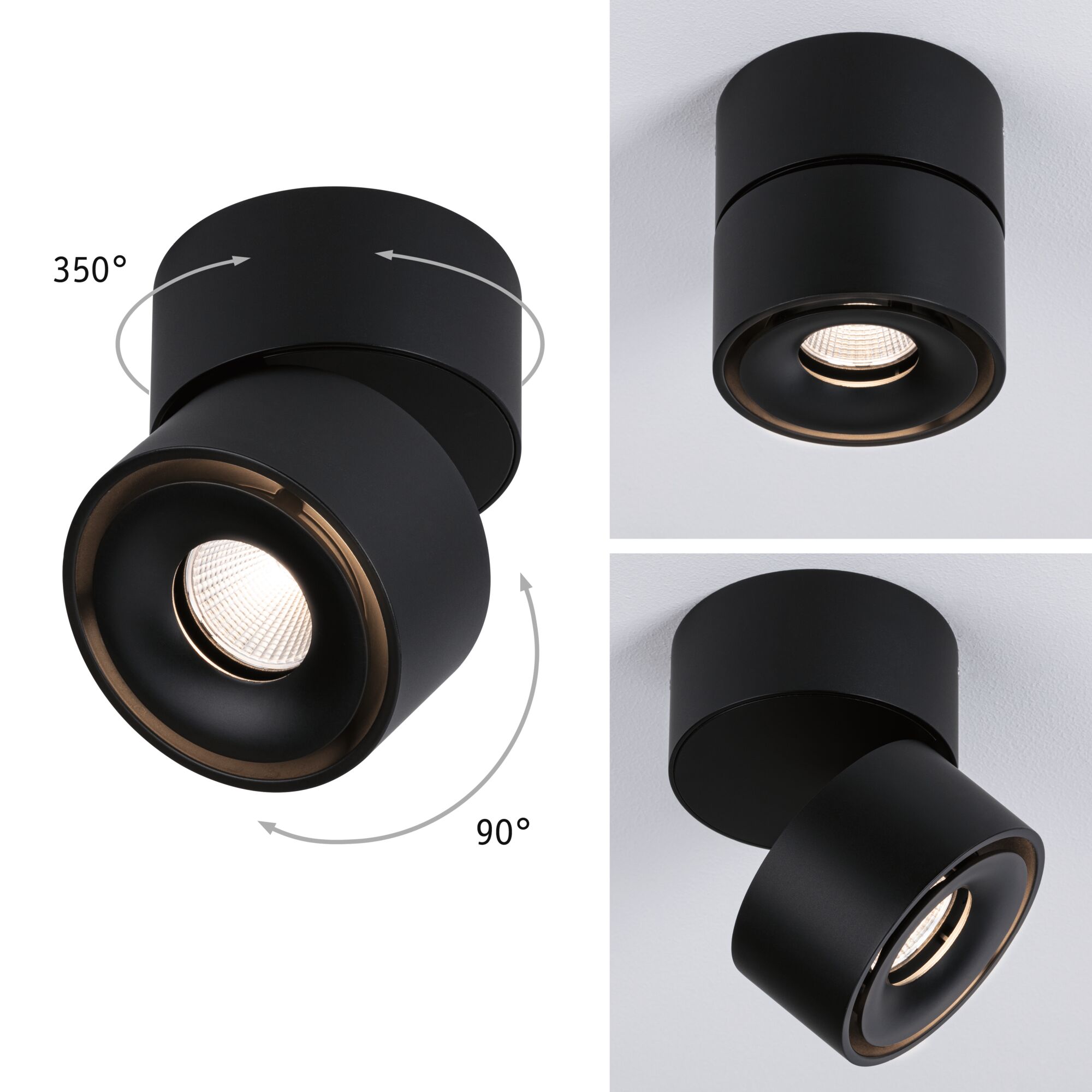 Plafonnier LED Spircle 78mm 8W 550lm 230V 3000K Noir mat Plafonnier LED noir en métal avec spot pivotant à 350° et inclinable à 90° pour un éclairage flexible