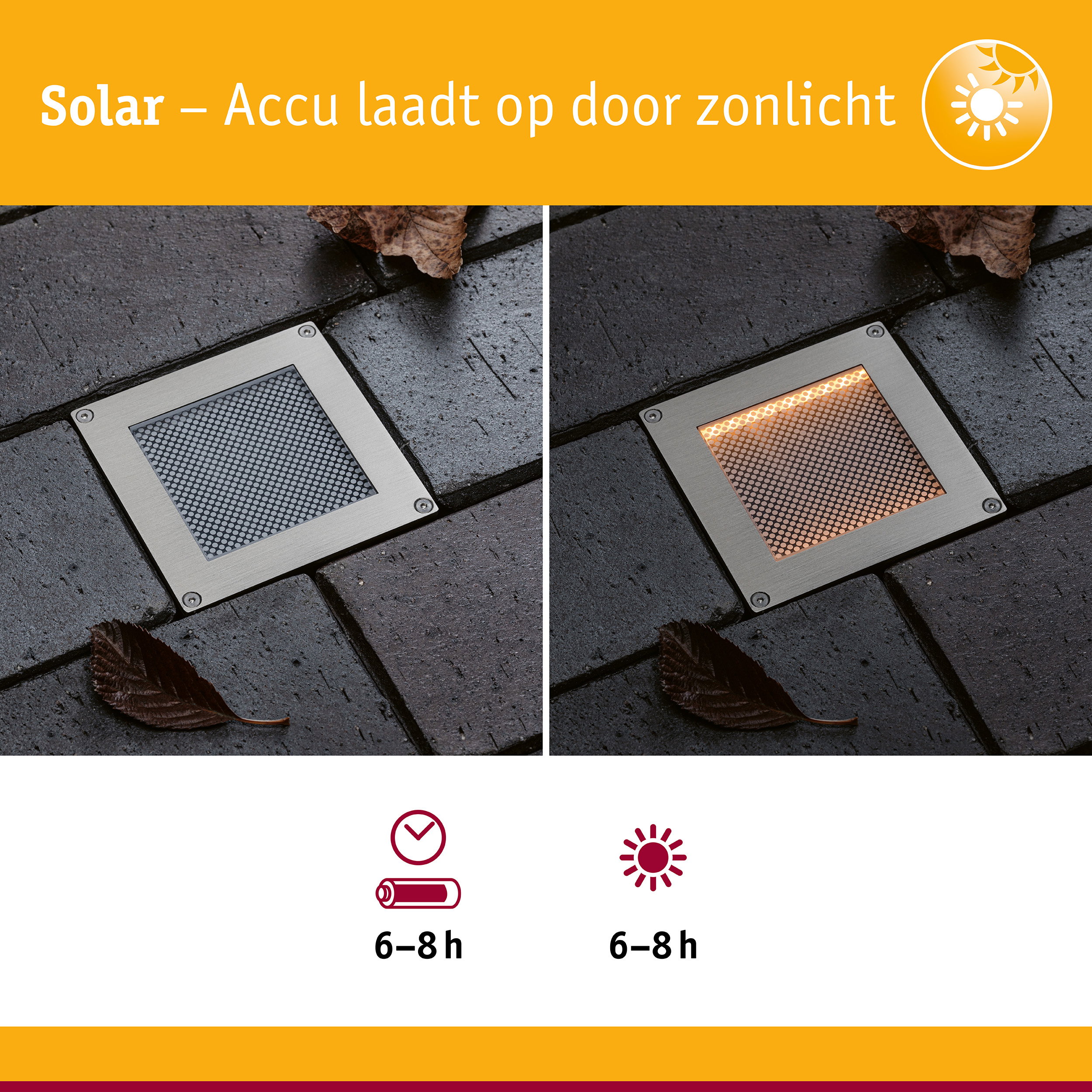 Solar LED-grondinbouwlamp Sorea Schemerings-sensor IP67 hoekig 100x100mm 2200K 0,1W 5lm 3,7V Staal geborsteld ABS/Polycarbonaat/edelstaal