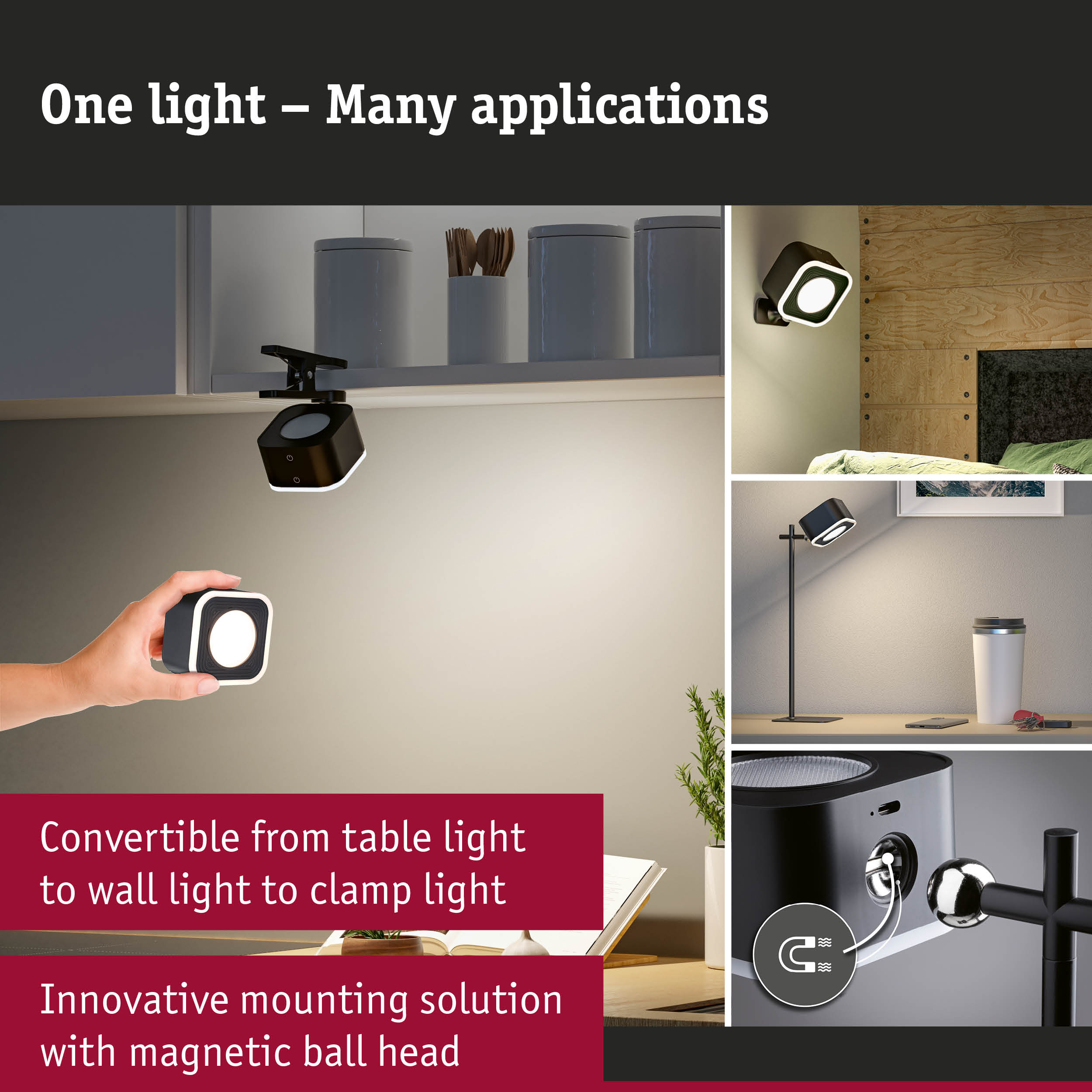 Black LED light with magnetic ball head, convertible for table, wall, or clamp lighting use