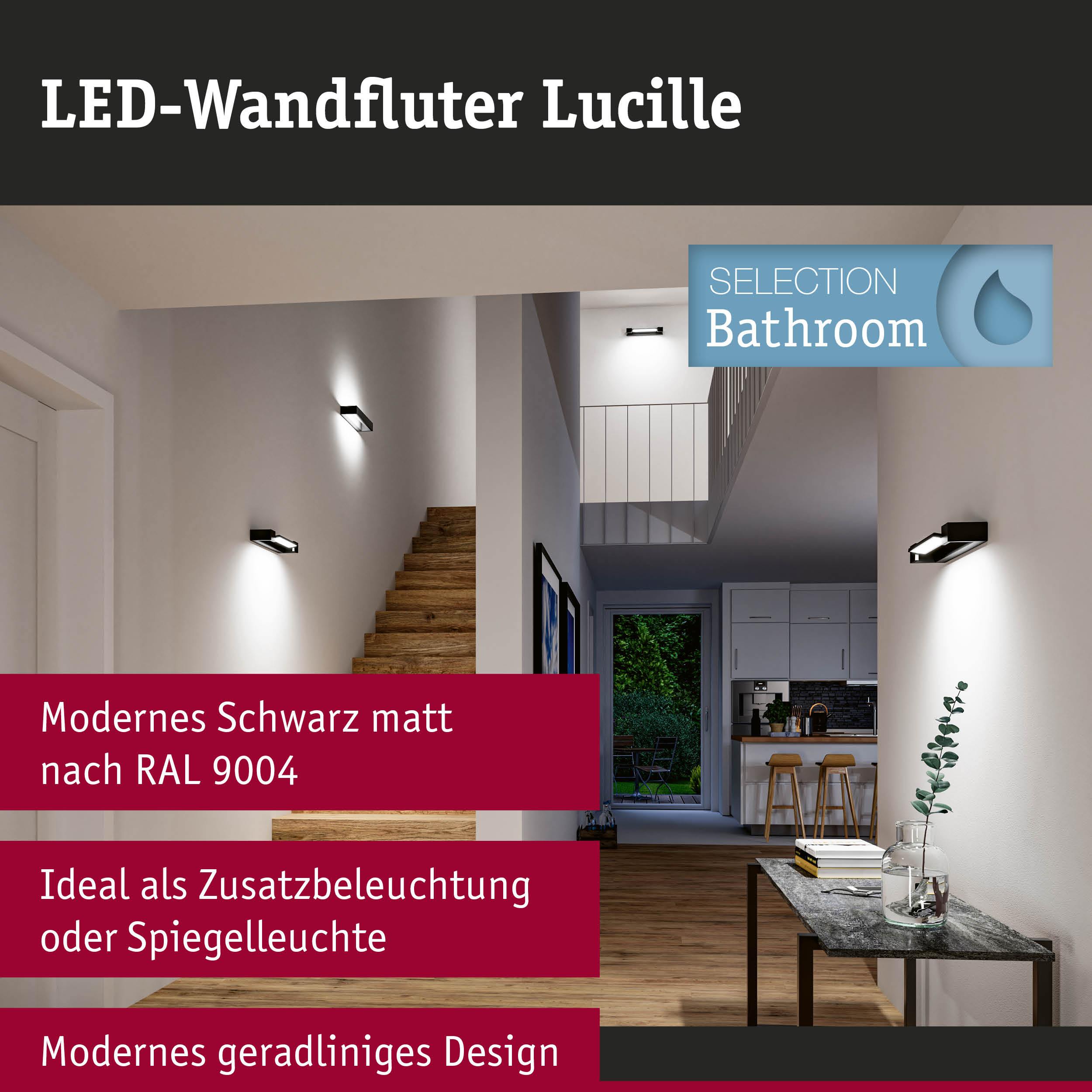 Moderner LED-Wandfluter Lucille in mattem Schwarz mit geradlinigem Design für Flurbeleuchtung