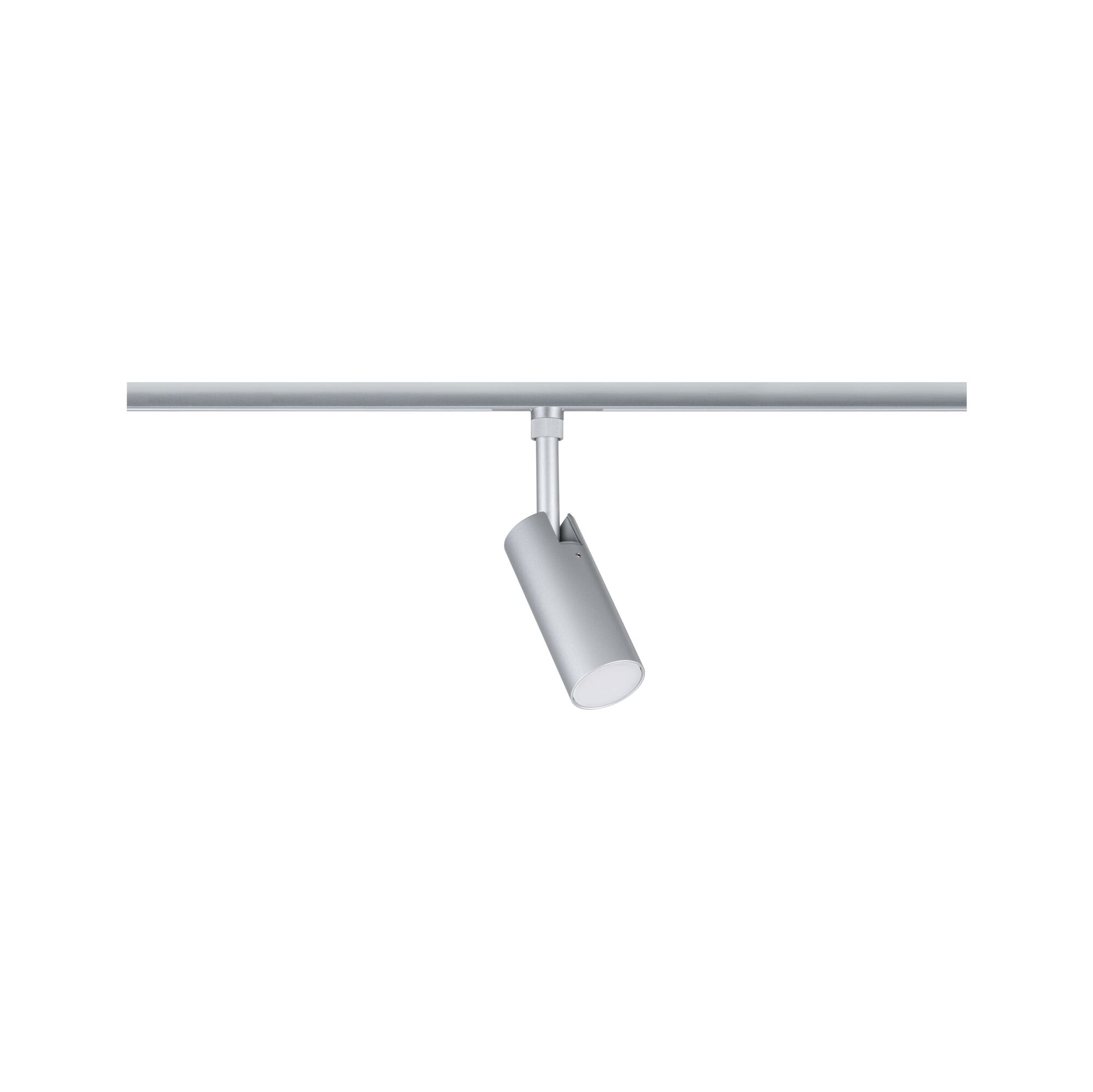 Moderne zilverkleurige metalen LED-spot op railsysteem voor verstelbare verlichting