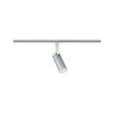 Moderne zilverkleurige metalen LED-spot op railsysteem voor verstelbare verlichting