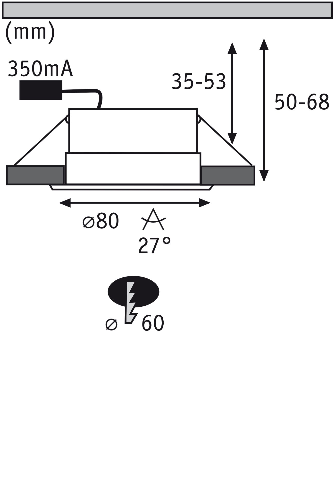 Technical drawing of recessed spotlight with 80 mm diameter and 27-degree beam angle.
