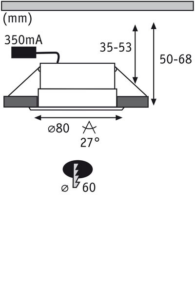 Technical drawing of recessed spotlight with 80 mm diameter and 27-degree beam angle.