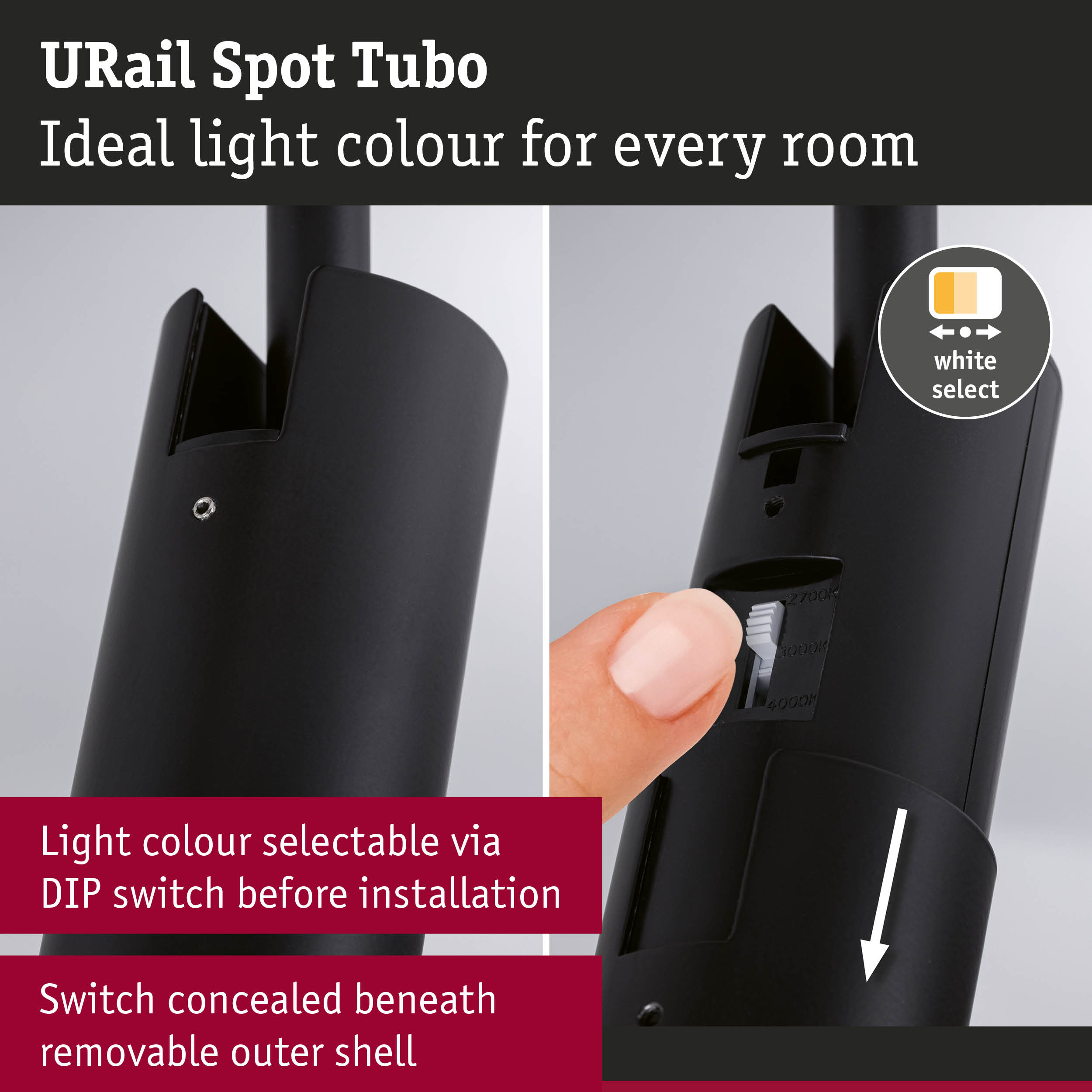 Black URail Spot Tubo with adjustable DIP switch for selecting light colour before installation
