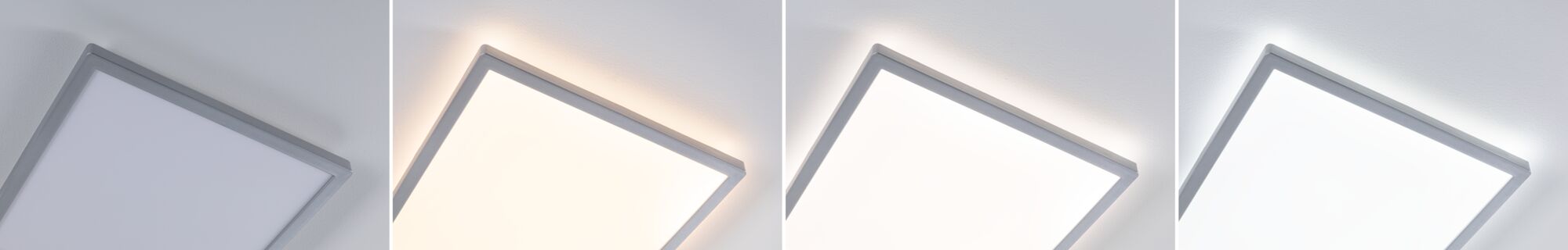 Vier weiße quadratische LED-Deckenleuchten mit grauem Rahmen in verschiedenen Leuchtstufen für Wohnräume.