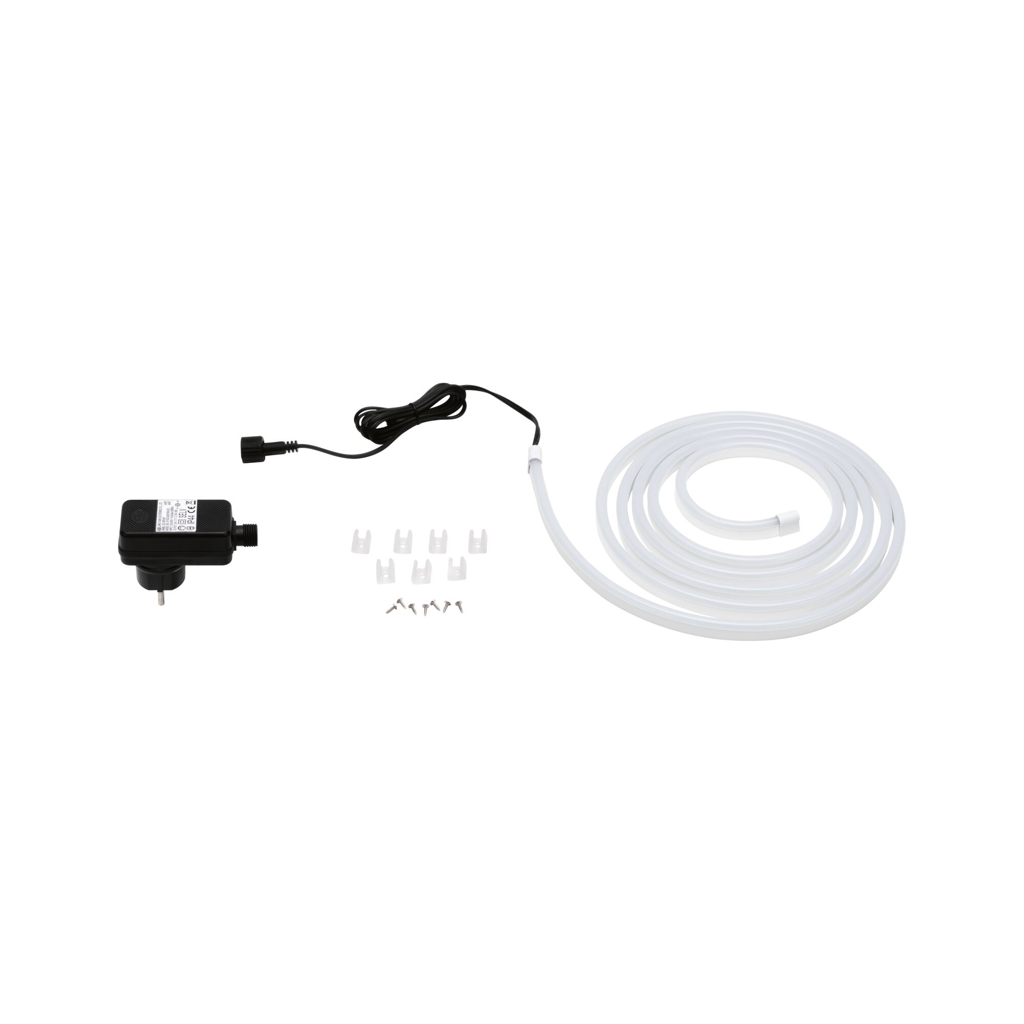 Bande lumineuse LED Neon Flex blanche avec adaptateur noir et clips de montage pour éclairage flexible
