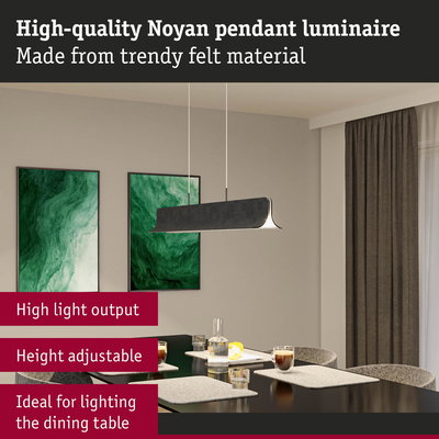 Noyan pendant luminaire in grey felt, height adjustable, perfect for dining table lighting with high light output