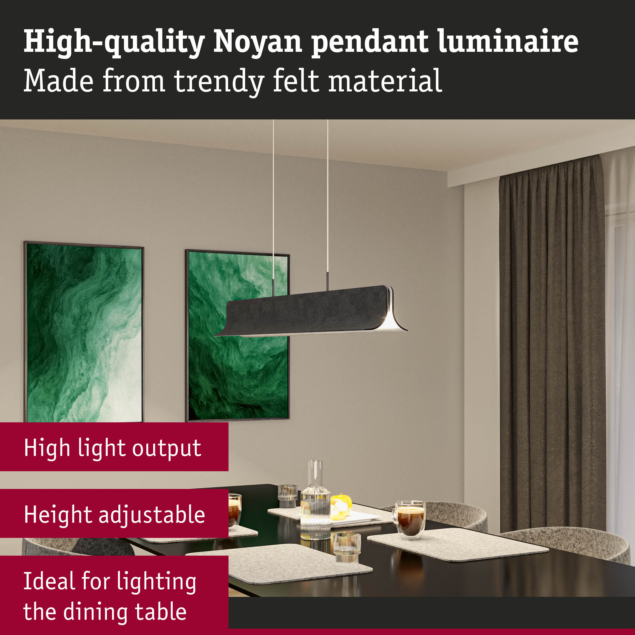 Modern grey felt Noyan pendant light, height adjustable, perfect for dining table lighting