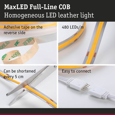 MaxLED Full-Line COB LED strip with adhesive tape, 480 LEDs per meter, cuttable every 5 cm, easy to connect