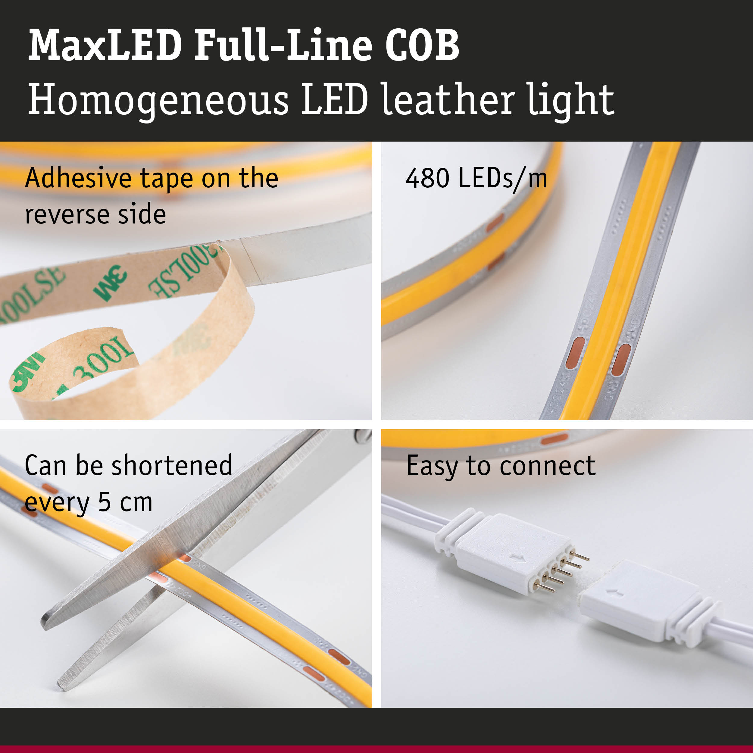 MaxLED Full-Line COB LED strip with 480 LEDs/m, adhesive backing, yellow and silver, cuttable and connectable