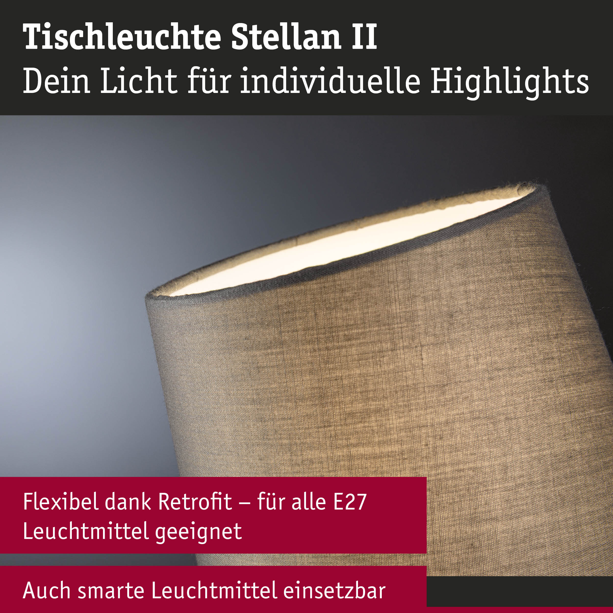 Tischleuchte Stellan II mit grauem Stoffschirm, flexibel für E27 Leuchtmittel und smarte Lampen geeignet