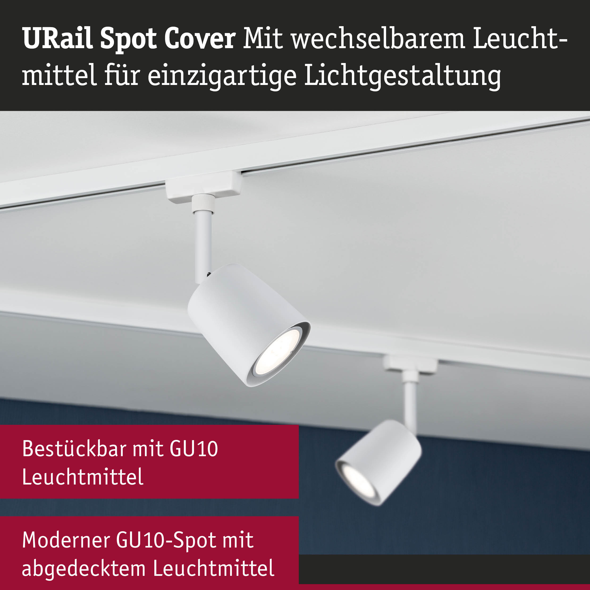 Weißer URail Spot Cover aus Metall mit wechselbarem Leuchtmittel für moderne Lichtgestaltung