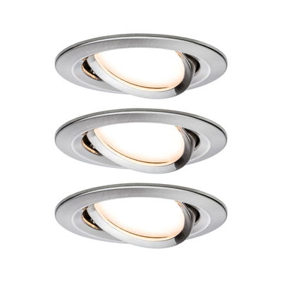 Trois spots encastrés ronds en aluminium brossé avec lumière LED blanc chaud pour éclairage moderne