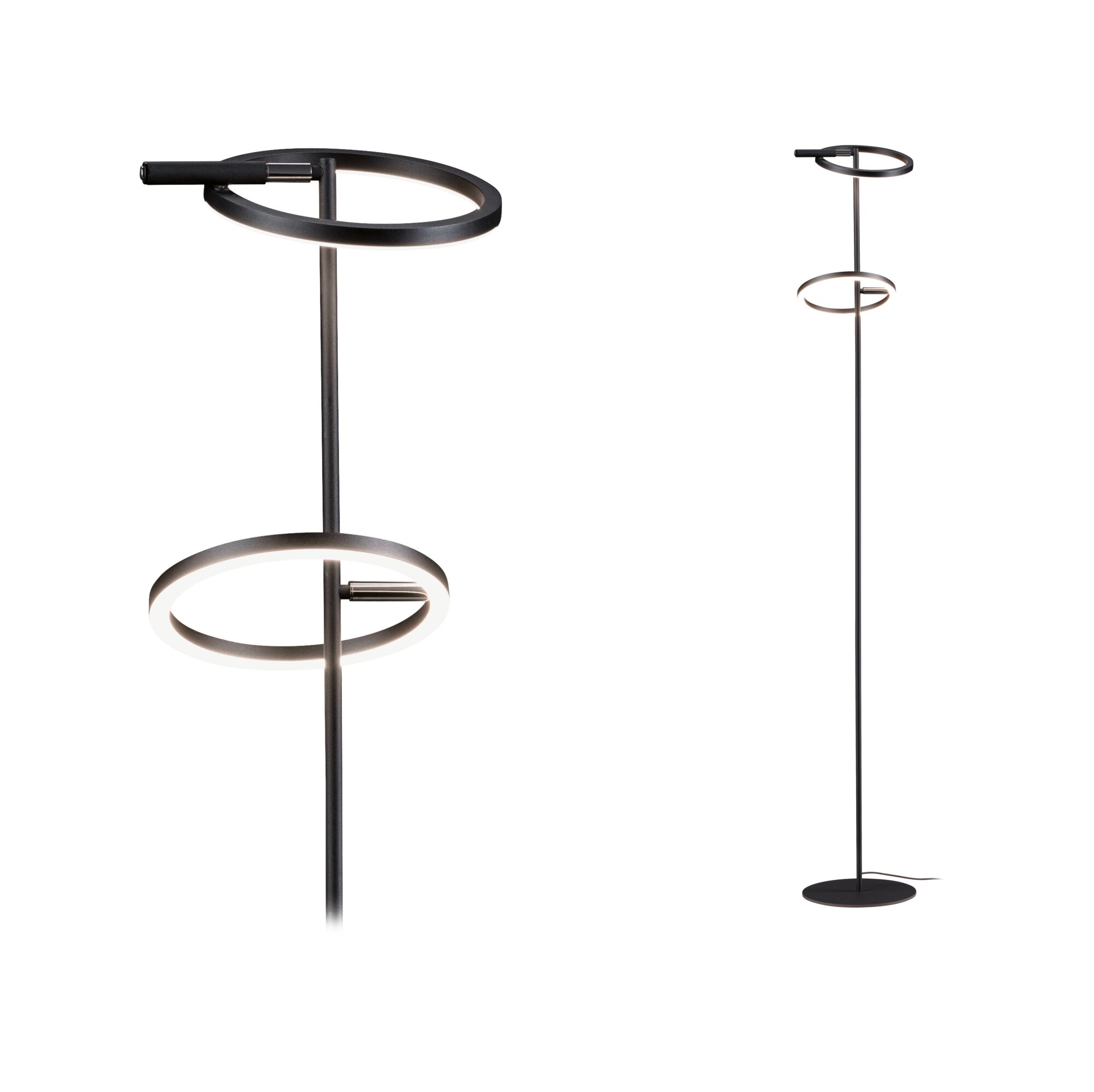 Lampadaire LED Odila Tunable White 2x1200lm 2x10,4W Noir mat, Chrome Lampadaire moderne en métal noir avec deux anneaux LED circulaires pour un éclairage salon élégant