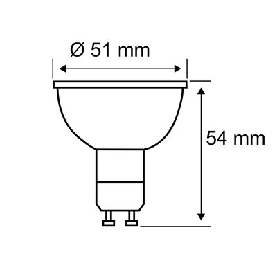 Technische Zeichnung einer GU10 LED-Lampe mit 51 mm Durchmesser und 54 mm Höhe, Beleuchtungskomponente