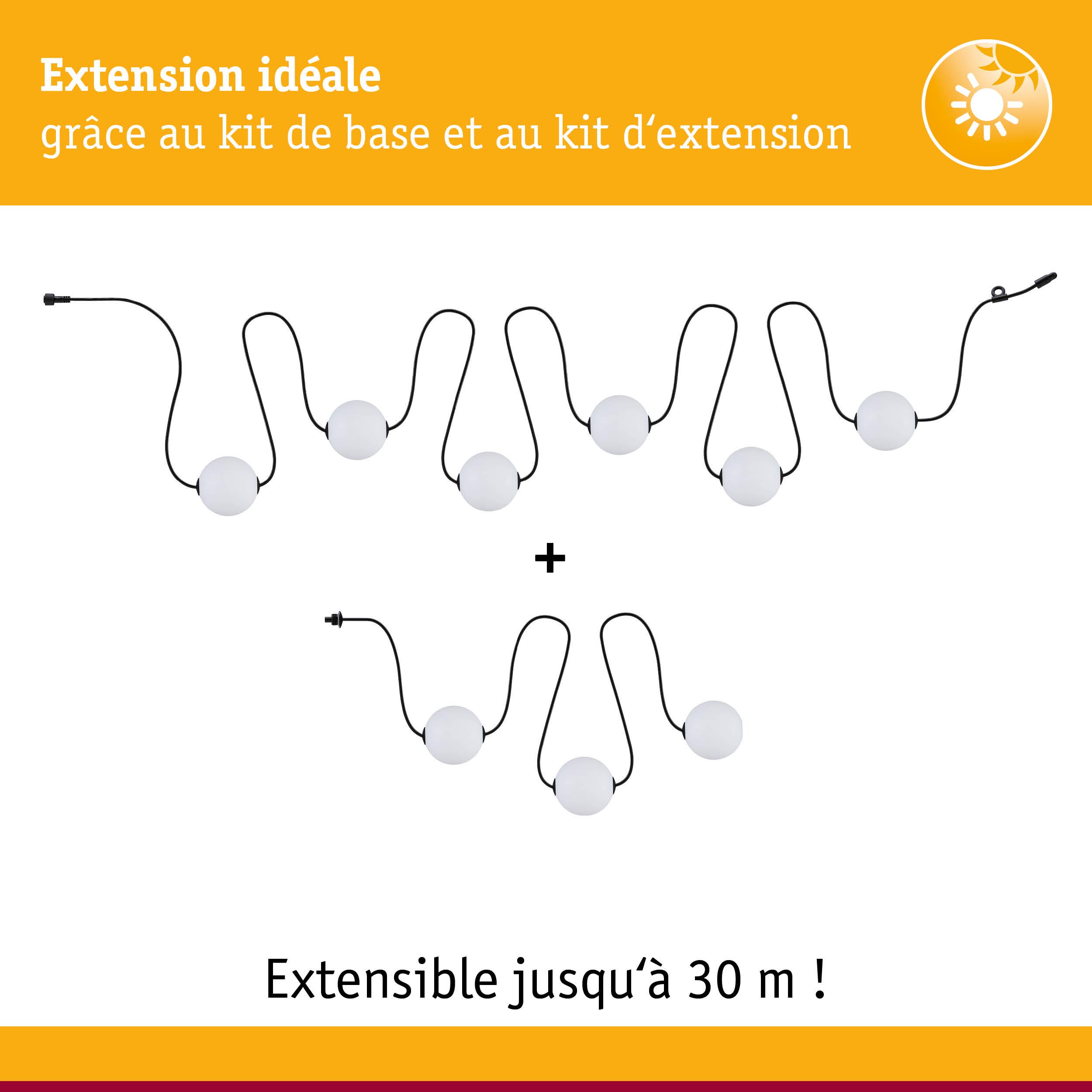Guirlande LED extensible avec boules blanches et câble noir, jusqu’à 30 mètres de longueur