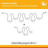 Guirlande LED extensible avec boules blanches et câble noir, jusqu’à 30 mètres de longueur